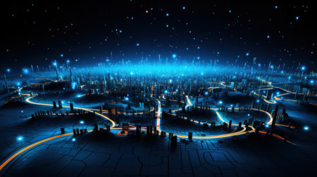 microchips in the background like a cityscape in the light of a dark blue sky.の素材