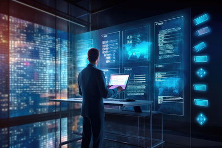business people check electronic documents on digital documents. work on limitless communication technologies.の素材