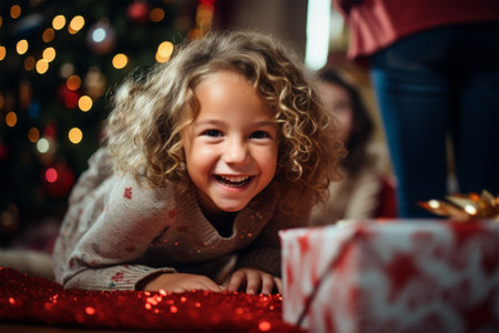happy girl sitting under Christmas tree opening Christmas gifts.Christmas and love Christmas atmosphereの素材