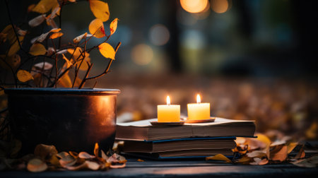 a stack of old books on a rustic wooden table surrounded by autumn leaves and a burning candle. The perfect look for cozy autumn evenings.の素材