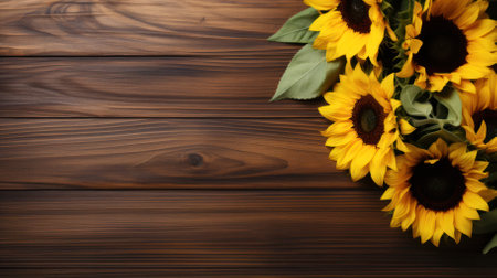 Sunflower against wooden surface, copy space.の素材