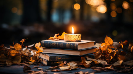 a stack of old books on a rustic wooden table surrounded by autumn leaves and a burning candle. The perfect look for cozy autumn evenings.の素材