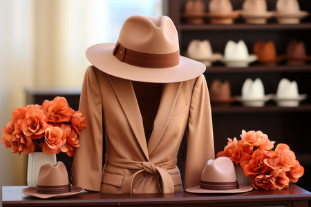 Stylish hats in a boutique on the background of stylish clothes. seasonal collection .Fashion modern store, small business concept.の素材