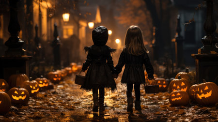 two kids in adorable creepy costumes make their way through the foggy darkness, consumed by collecting treats on Halloween night. atmospheric halloween streetの素材