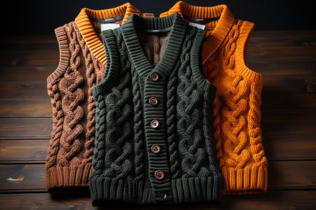 Knitwear for men on a wooden background.Showcase in a store with a presentation of knitwear. photoの素材