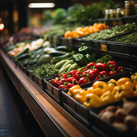 a variety of fresh vegetables and fruits on the counter of the vegetable department in the store.の素材