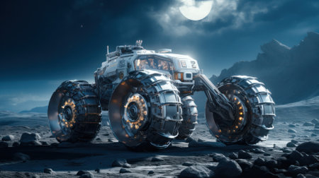 all-terrain vehicle - a robot with large wheels that will move on the surface of the planet. Earth in the sky.の素材