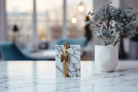 marble key stand on a tabletop with flowers on the background of a blurred image of a cozy bright room.copy spaceの素材