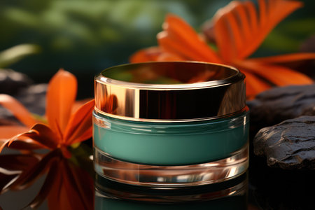 glass Cosmetic product container with in turquoise orange, blank label packaging for branding mockup, natural organic cosmetic product concept.Luxury packaging set.の素材