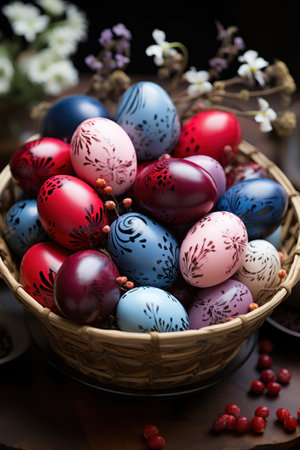 hand-painted Easter eggs in a basket on a wooden table. celebration for the bright holiday of Easterの素材