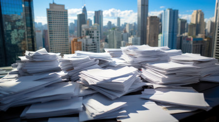 A pile of paper on an office desk close - up against the sky in a skyscraper window. side view.の素材