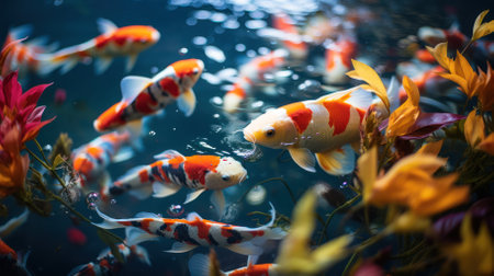 background with bright koi fish radiating a peaceful aura in oriental harmony. zen pond. Koi fish in a dark water pond filled with colorful flowers and leavesの素材