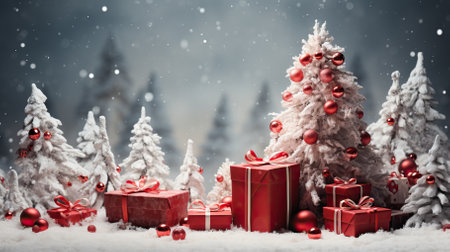 Gorgeous elegant white Christmas trees with gifts in red and silver on a panoramic snowy background in a foggy frosty hazeの素材