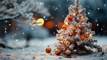 Christmas tree decorated with toys under the snow against the background of festive illumination, copy space. Christmas, snow, Christmas atmosphere.の素材