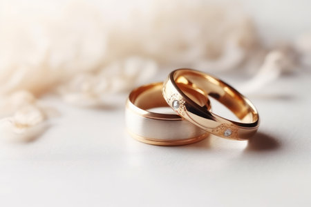 Wedding rings, close-up on a light background with flowers.postcard or invitation to a celebration.の素材