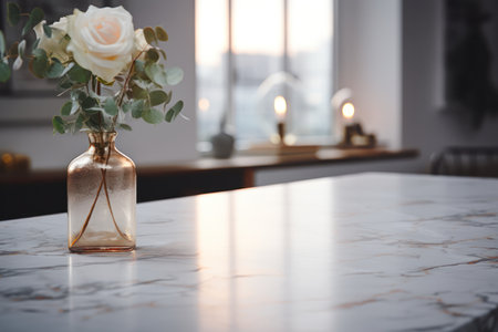 tabletop with flowers on the background of a blurred image of a cozy bright room.copy space.の素材