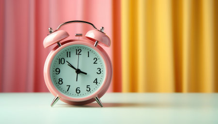 pink color vintage alarm clock on color background.の素材