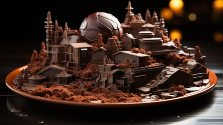 chocolate city with snow and sugar and powder on a platter on a dark background.の素材