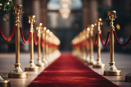 Red carpet with golden barriers and red ropes before an important event in the world of fashion and art. glamorous movie premiere or festival.の素材
