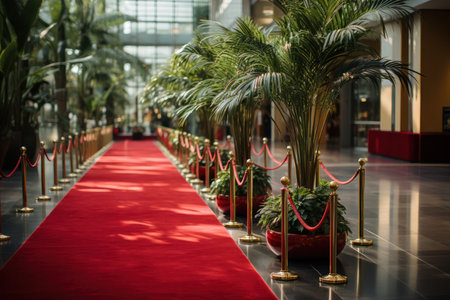 Red carpet with golden barriers and red ropes before an important event in the world of fashion and art. glamorous movie premiere or festival.の素材