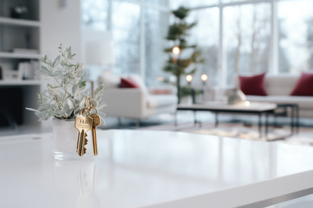 marble key stand on a tabletop with flowers on the background of a blurred image of a cozy bright room.copy spaceの素材