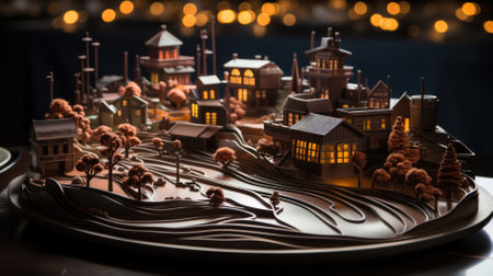 chocolate city with snow and sugar and powder on a platter on a dark background.の素材