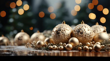 Winter background with white Christmas balls on a blurred background of Christmas trees with illuminationの素材