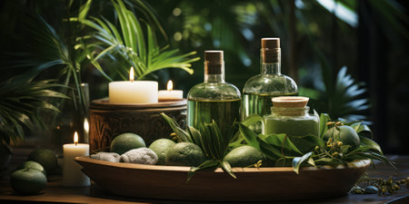 calm spa scene with candles, oils and green plants.の素材