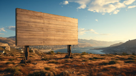 wooden billboard from old boards on a hill .の素材