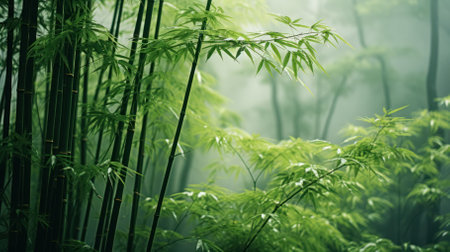 Vertical lines of a bamboo forest shrouded in misty haze. morning mist, zen worldの素材