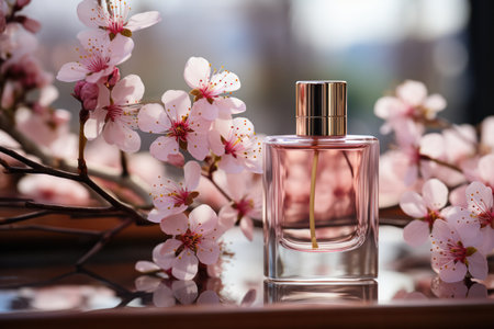 container for cosmetics on the background of cherry tree branches.の素材