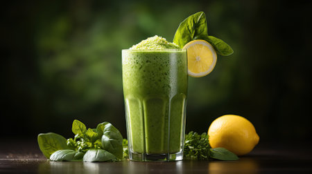 Homemade green organic smoothie or spinach juice.served in a glass with mint leaves and lemon slices.on a wooden table. Healthy food conceptの素材