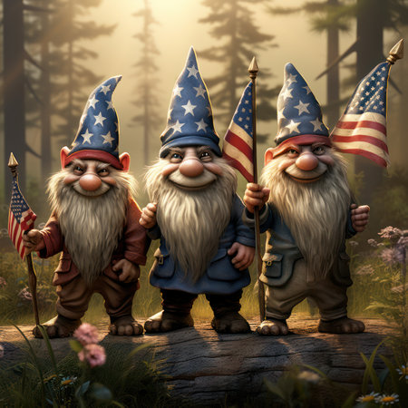 Three gnomes stand proudly wearing American flag patterned hats with the American flag against the backdrop of a forestの素材