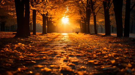 background Sunny autumn landscape with golden maple trees in the park.の素材