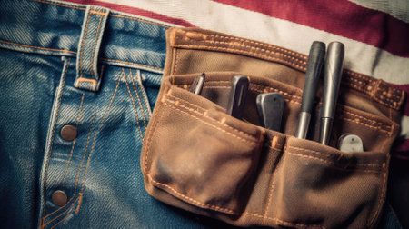 Labor Day. Hand tools lie in the masters belt bag, close-up. labor and employment concept.の素材