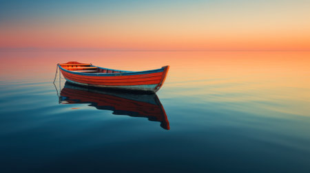 A lonely empty wooden boat is reflected in calm water. calm reflection, mirror of nature.の素材