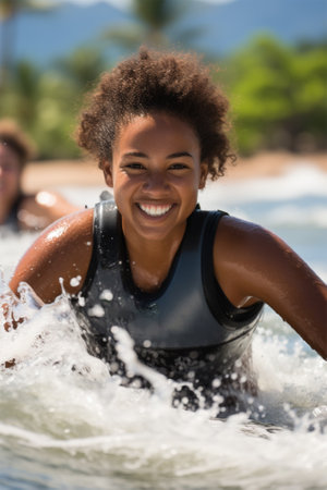 Beautiful surfer girl on a surfboard on a sunny day. Woman in the ocean while surfing.の素材