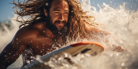 Young tanned and cheerful surfer man with long hair rides a fast and perfect ocean waveの素材