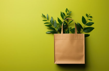 Shopping bag made of recycled brown paper with a handle and green leaves on a green background. eco concept. Zero waste. Top view, flat lay, copy space.の素材