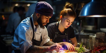 concentrated woman and man preparing and decorating plates with dishes in the kitchenの素材