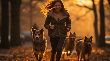 Happy young woman running with her dogs in the autumn park.の素材