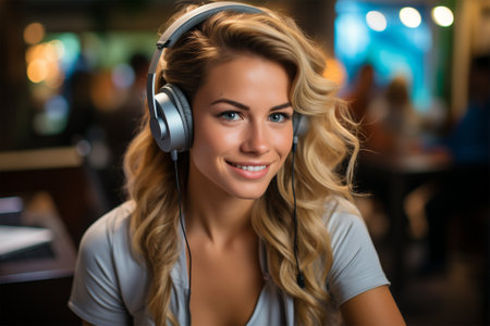 stylish woman in headphones at a computer in the office .の素材