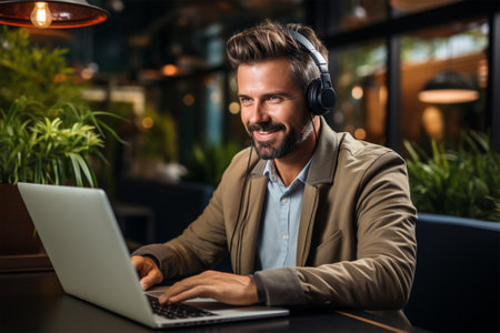 young man in headphones at a computer in a cafe .の素材