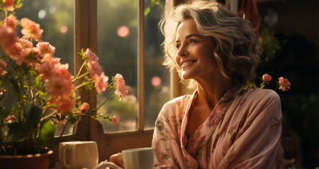 stylish gray-haired elderly woman on the veranda enjoying the sunshine.の素材