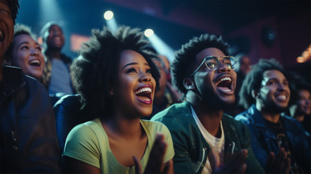 spectators in the cinema carefully look at the screen and laugh. leisure and entertainmentの素材