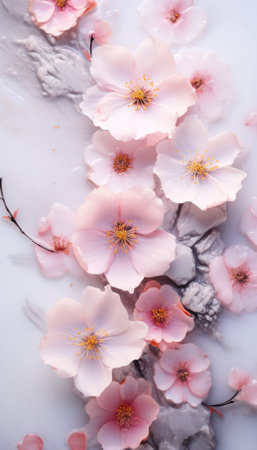 sprig of cherry on white marble, vertical background.の素材