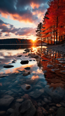 Colorful view of the autumn landscape on the lake. Beauty of nature concept background.Beautiful autumn lake sceneの素材