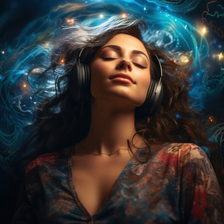 young beautiful woman in headphones in a magical world of music and sounds.の素材