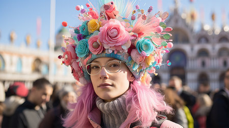a young woman in a headdress of flowers attends a carnival, festival on a bright sunny dayの素材