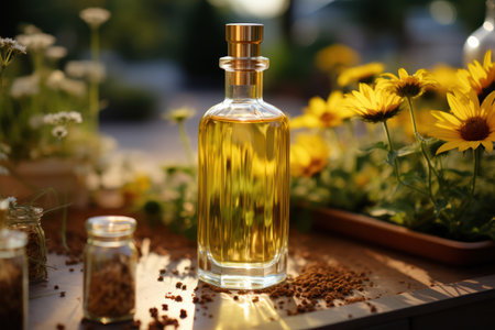 sunflower oil in glass bottles among sunflower flowers, close-up with space for text.exclusive premium sunflower oilの素材